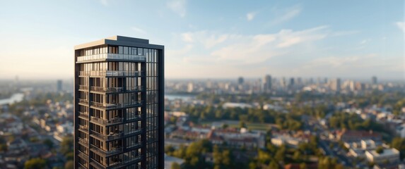 Naklejka premium Contemporary residential building showcasing a balcony with city views and exterior design