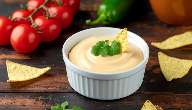 Creamy Cheese Dip queso with Tortilla Chips, Tomatoes, and Jalape&ntilde;o on Rustic Wood
