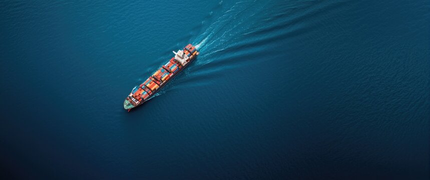 Aerial perspective of a fully loaded container cargo ship navigating the peaceful blue sea