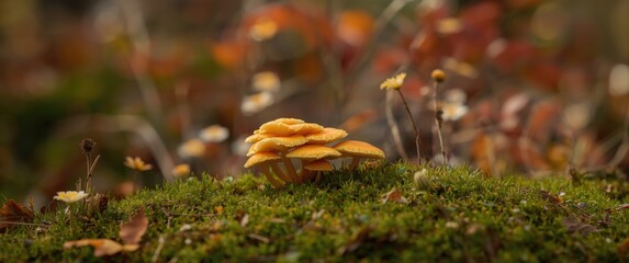 Obraz premium Autumn forest setting featuring Cantharellus cibarius, flowers, and nature elements