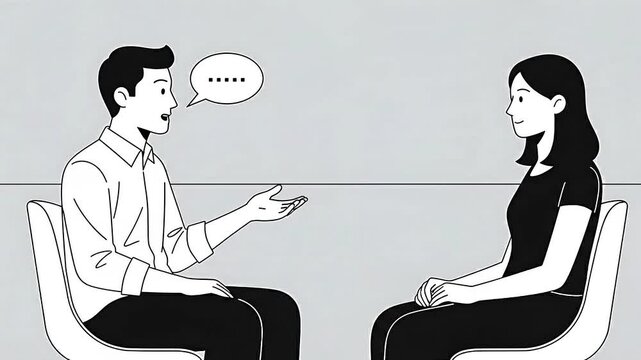 Minimalist 2D Animation of Man and Woman in a Professional Business Meeting or Consultation