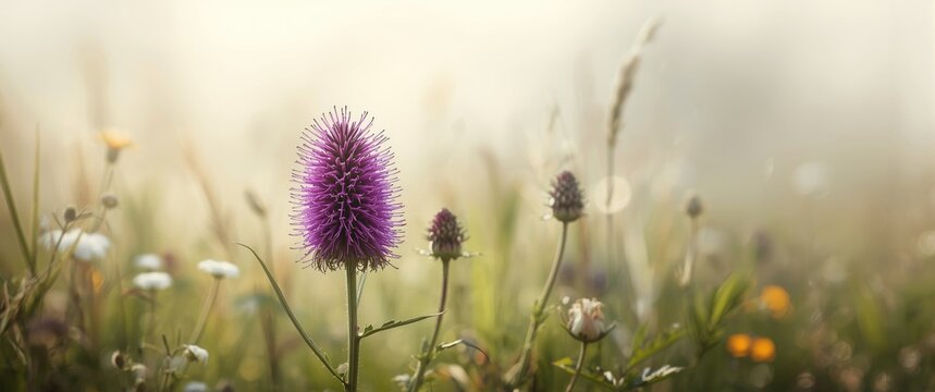 Burdock (Arctium) closeup with a blurred background. A genus of biennial plants in the Asteraceae family