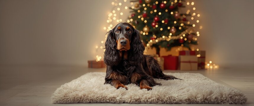 Home portrait of a Gordon setter dog during Christmas season