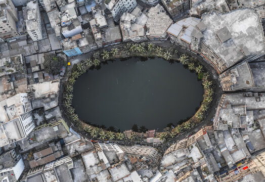 Aerial view of Gol Talab Lake, Dhaka, Dhaka Division, Bangladesh.