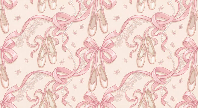 Elegant seamless balletcore pattern featuring satin pointe shoes, delicate pink ribbons, lace, and pearls. Soft coquette aesthetic background for feminine textiles, wallpaper, and branding.