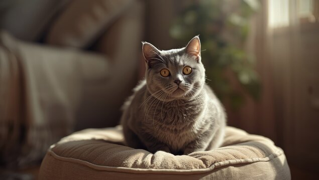 Close-up of a Gray British shorthair cat focusing on calm demeanor, suitable for veterinary or pet grooming layouts