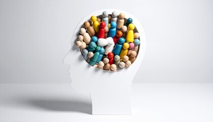 Wooden head sculpture with colorful compartmentalized fabrics symbolizing diverse thoughts and identity