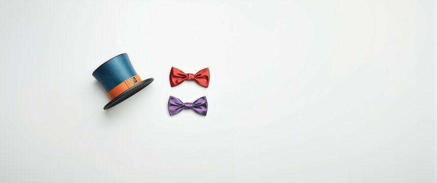 Colorful flat illustrations of a top hat and bow tie featuring curved edges on a white backdrop