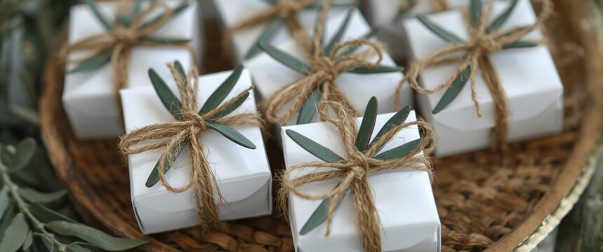 Guest gifts for weddings featuring white favor boxes, soaps, jute ribbons, and green olive leaves, styled in a Mediterranean rustic theme with jewelry boxes, small presents, and a wooden plate