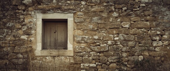 Window opening on fortress wall that is boarded up