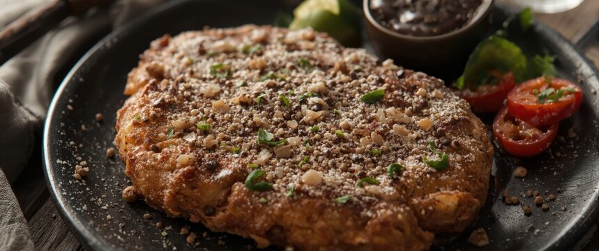 Beefsteak covered in seasoned flour, known as chicken fried steak or country-fried steak (CFS), served with black pepper sauce