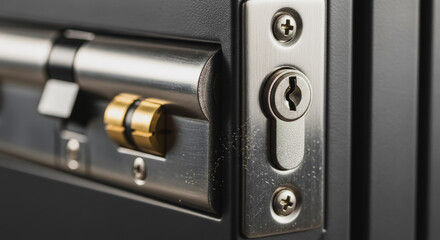 Close-up Detail of Modern Heavy-Duty Security Door Lock Mechanism and Keyhole Cylinder. Brushed Metal Latch Assembly for Home Protection and Safety.