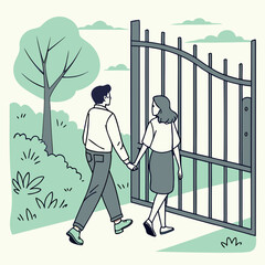 Walking Through Park Gate Holding Hands 1