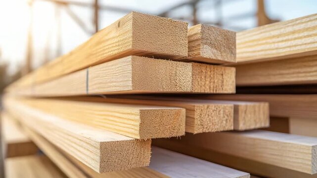 Wood planks are arranged in a pile at a construction site as sunlight illuminates the area