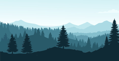 Obraz premium Stylized blue mountain landscape with layered pine forests and a misty horizon in a flat design vector illustration, showcasing depth and tranquility.