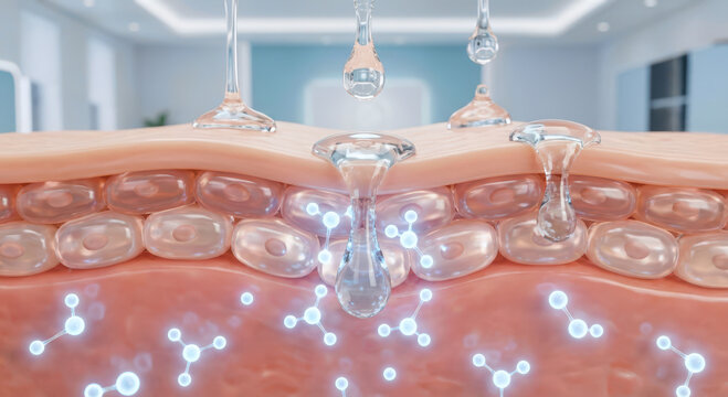 3d illustration of skin hydration concept with cosmetic serum absorption