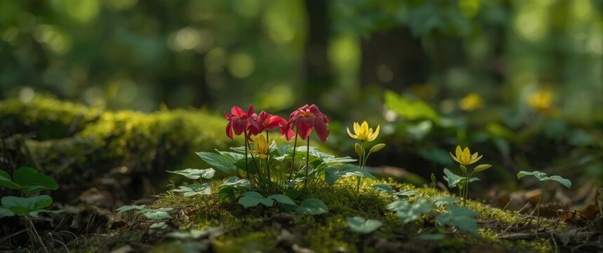 Springtime flowers of Red Trilliums (Trillium erectum) and Yellow Trout Lily (Erythronium americanum) along hiking trail at Copeland Forest