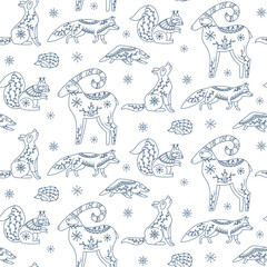 Fototapeta premium Pattern with doodle forest animals with natural folk ornaments. Forest animals in Scandinavian style goat, chipmunk, fox, wolf, hedgehog, textile prints, coloring pages, ethnic graphic design projects