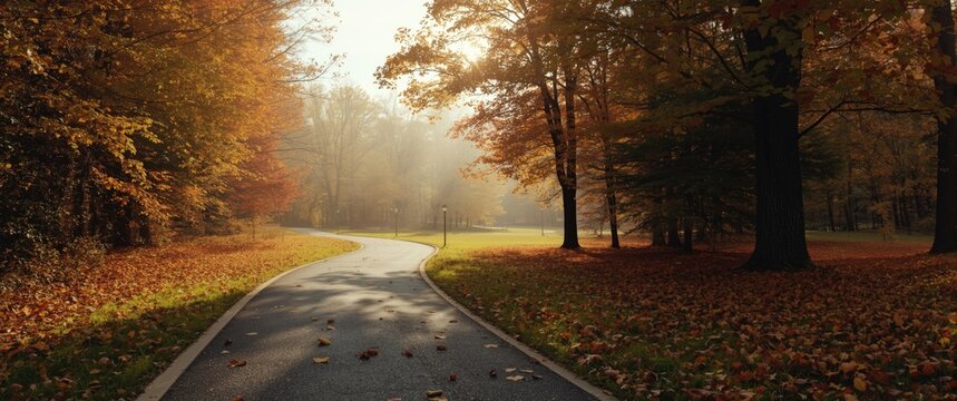 Winding paved pathway in the autumn park creates a peaceful and scenic setting with colorful trees