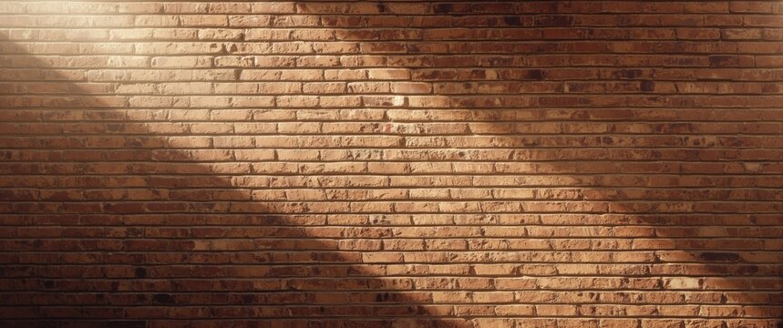 Sunlit diagonal clay brick wall with abstract texture and design, related to travel, house, construction, building, wall, retro theme