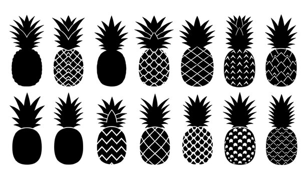 Pineapple silhouette vector set black tropical fruit icons isolated on transparent background