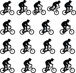 Fototapeta premium BMX cyclist trick and riding motion silhouettes showing extreme sports athlete action sequence isolated on white background vector illustration set