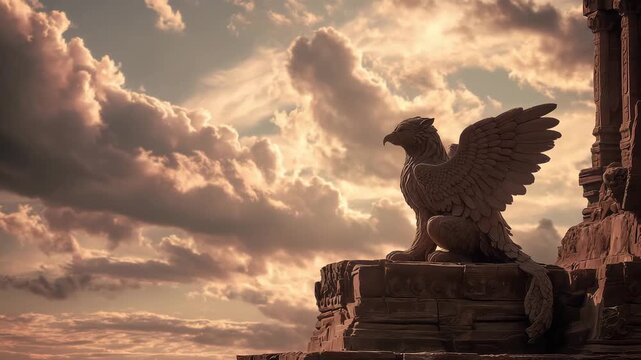A Griffin sculpture sits on a stone base below clouds while the sun sets in the background at an outdoor location