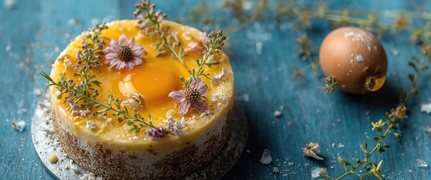 Cake for catering, weddings, baptisms, and communions made with egg yolk, flour, and sugar, adorned with natural plant decorations on a blue background. Yolks of Avila and Juanitas