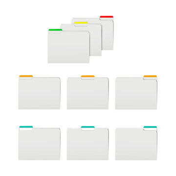 Isolated blank white file folder with color cut tab divider. Empty, and with paper sheet inside. Realistic mock-up set. Tabbed file folders. Vector mockup. Easy editable. Template for design