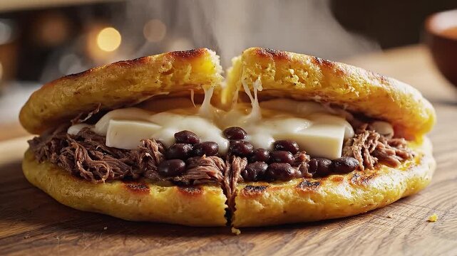 Close-up shot of a golden grilled corn cake or Arepa with distinct char marks being sliced in half on a wooden cutting board by a chef wearing black g
