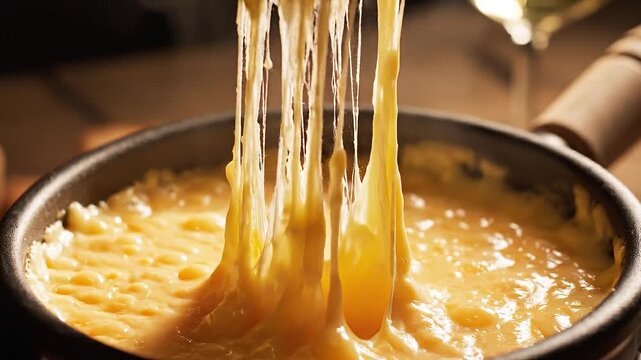 Warm Close-up: Dipping Crispy Bread into Hot, Creamy Swiss Cheese Fondue Melting in a Caquelon Pot. Comfort Food and Winter Cuisine Concept.