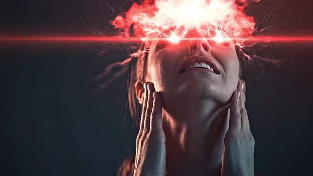 Mindful Metamorphosis: A woman's eyes emanate a beam of incandescent energy, accompanied by an aura of red brilliance, symbolizing a potent shift in the realm of thoughts and feelings.