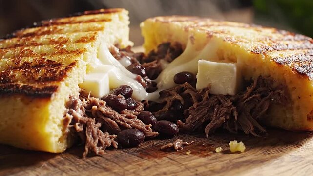 Chef Slicing a Hot, Golden-Brown Pan-Fried Corn Patty (Arepa) on a Rustic Wooden Cutting Board with Dramatic Kitchen Lighting, Close-Up Macro Shot