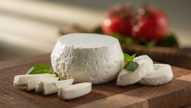 Mozzarella cheese block and slices arranged on wooden cutting board, suitable for culinary layout and presentation planning