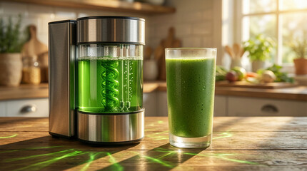 Fototapeta premium Fresh Spirulina Smoothie Glass Next to Home Algae Bioreactor Machine on Kitchen Counter for Sustainable Future Nutrition and Healthy Breakfast - spirulina focus