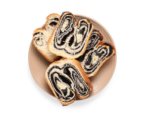 Naklejka premium Plate with pieces of sweet poppy seed roll on white background