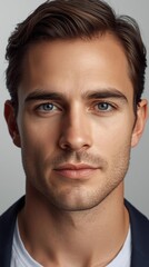 Obraz premium Close-up shot of a Western European male model with a neutral expression.