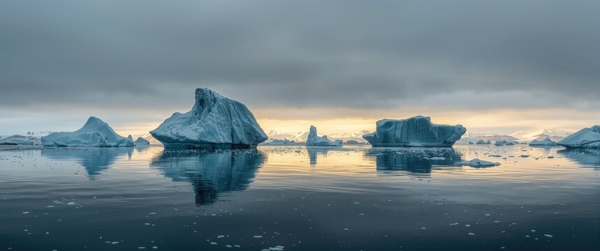 Massive icebergs of different forms in Disko Bay, West Greenland, sourced from Jakobshavn glacier