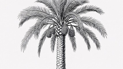 Black and white hand-drawn illustration of a date palm tree with fruit clusters.