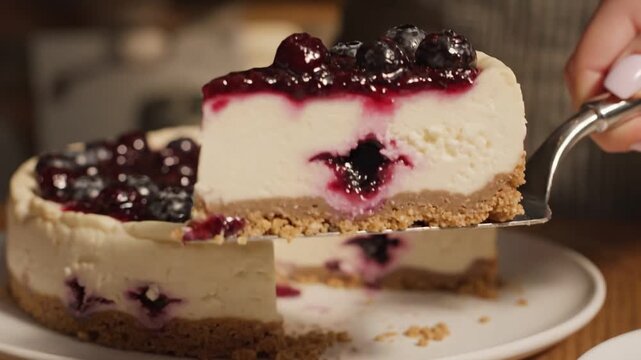 Hand slicing a piece of creamy baked blueberry cheesecake topped with fresh fruit compote and whole berries, showcasing the rich, dense texture and gr