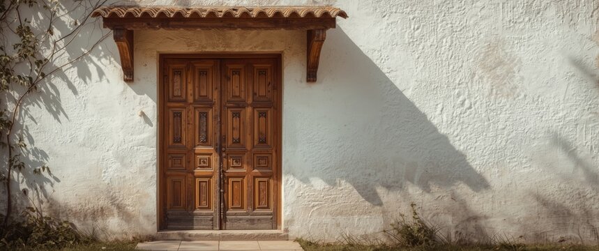 Close-up of vintage wooden front door featuring classic style, folding doors, architecture background, pattern, texture, and home space