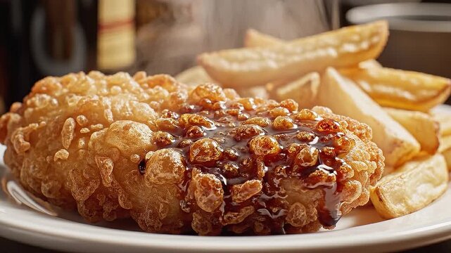 Extreme close-up of traditional golden-brown fish and chips. Crispy, bubbly battered fish fillet served with thick-cut potato wedges in a warm, dimly 