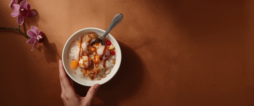 Cendol or Dawet: Indonesian dessert served in a white bowl with spoon, showcasing crushed ice, red bean, and diverse fruits on a brown backdrop