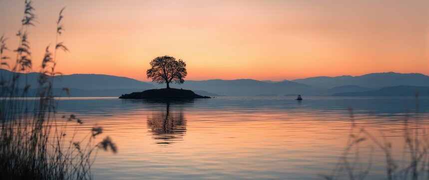 Lone Tree Silhouette on a Small Islet in Lago Maggiore, Featuring Water Reflection and Reeds on Quassa and Ranco Shorelines