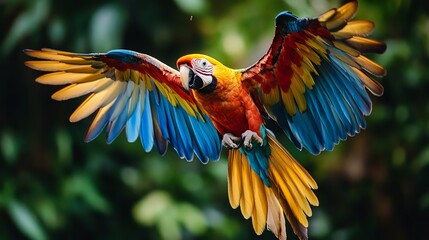 Obraz premium A vibrant parrot spreads its colorful wings in mid-flight against a blurred green background