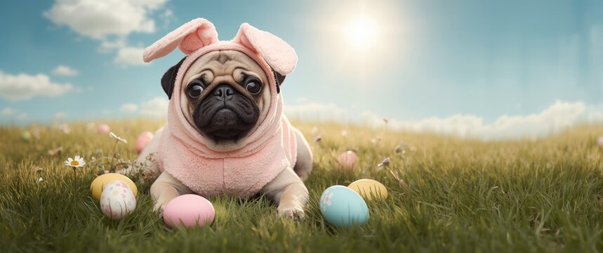 Fawn pug lying on grass among bright Easter eggs and a rabbit costume