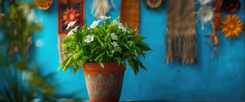 Manjerico potted plant in vibrant green color against a blue backdrop, typical festival decoration