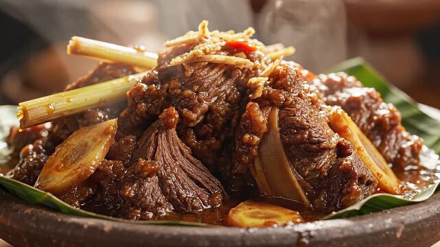 Steaming Hot Close-Up of Indonesian Braised Beef (Semur or Kalio Style) Served on a Banana Leaf in a Traditional Clay Bowl, Garnished with Lemongrass 