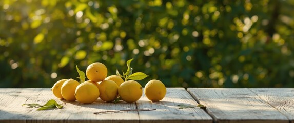 Obraz premium Lemons and green trees in garden with white wooden table