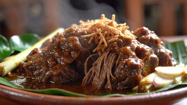 Steaming close-up of authentic Indonesian Rendang, slow-cooked beef stew with rich spices, topped with fried shallots, served on a banana leaf on a ru